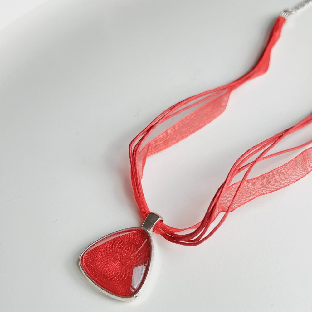 Red Sparkle Silver Ribbon Necklace Red Christmas Pendant Necklace Red Choker